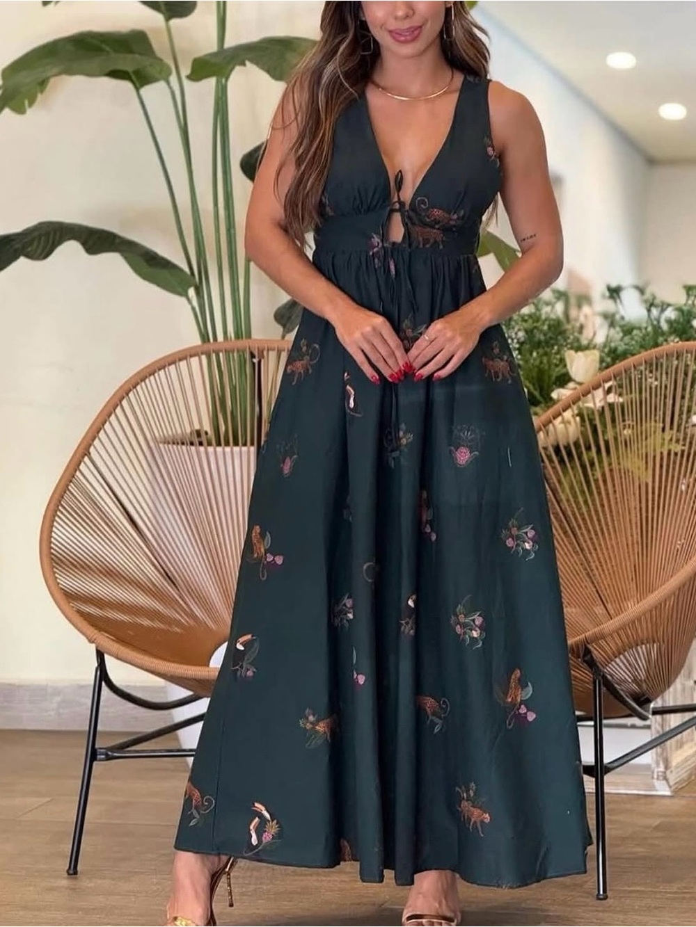 FARM Rio Dark Green Floral Tie-Front Maxi Dress Size M